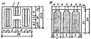 рис. 46, "Бетонный блок-половинка размером 29х24х21,5 см с изоляционными вкладышами", а - верхняя плоскость блока; б - разрез блока; 1 - бетон; 2 - легкий глинобетон