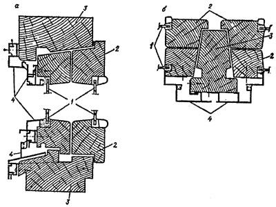 рис. 76, "Деревоалюминиевый оконный блок с полной наружной облицовкой линейными элементами из алюминия", а - вертикальный разрез; б - горизонтальный разрез; 1 - остекление; 2 - деревянный переплет; 3 - деревянная оконная коробка; 4 - алюминиевая облицовка