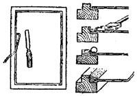 рис. 81, "Вставка стекол на одинарной замазке", а - закрепление стекла проволочными шпильками с помощью стамески; б - последовательность операции
