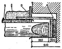 рис. 91, "Заделка концов деревянных балок в чердачном перекрытии в стену толщиной в 2 кирпича", 1 - толь; 2 - засыпка; 3 - доска толщиной 25 мм; 4 - войлок в три слоя