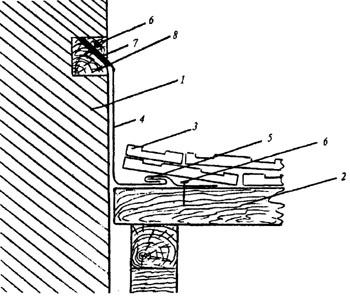 рис. 111, "Примыкание черепичной кровли к вертикальной стене", 1 - вертикальная стена; 2 - обрешетка; 3 - черепица; 4 - фартук из оцинкованной стали; 5 - кляммер; 6 - гвоздь; 7 - закладная рейка; 8 - цементный раствор