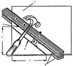 рис. 129, Изготовление шаблона: 1 - лист фанеры; 2 - высота подступенка; 3 - ширина проступи; 4 - опорная линия; 5 - линия, обозначающая кромку тетивы; 6 - рейки