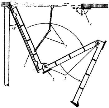 рис. 134, Подвижные элементы складной лестницы: 1 - башмаки; 2 - декоративный щит; 3 - складные кронштейны; 4 - запирающий замок на проеме; 5 - упоры секций лестницы