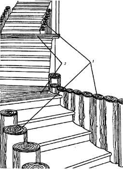 рис. 158, Наружная лестница с ограждениями из бревен. 1 - отрезки бревен, вкопанных в землю; 2 - промежуточные площадки