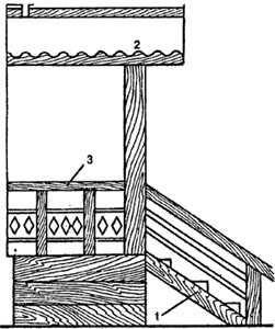 рис. 175, Угловое крыльцо: 1 - лестница; 2 - навес; 3 - ограждение крыльца