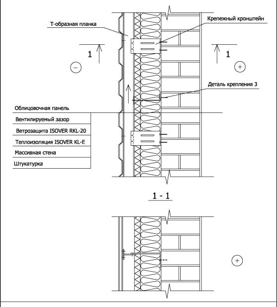 Утепление массивной стены с облицовкой металлическими фасадными панелями типа МК КП ("Металл Профиль") - двухслойное решение