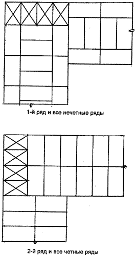 Углы по цепной системе перевязки швов при толщине стены в 2 кирпича