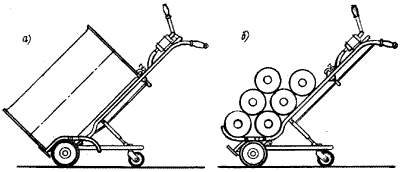Универсальная тележка для перевозки бочки с растворителем (а) или рулонного материала (б)