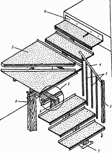 Элементы двухмаршевой лестницы с косоуром из отрезков деревянного бруса, усиленного металлической полосой